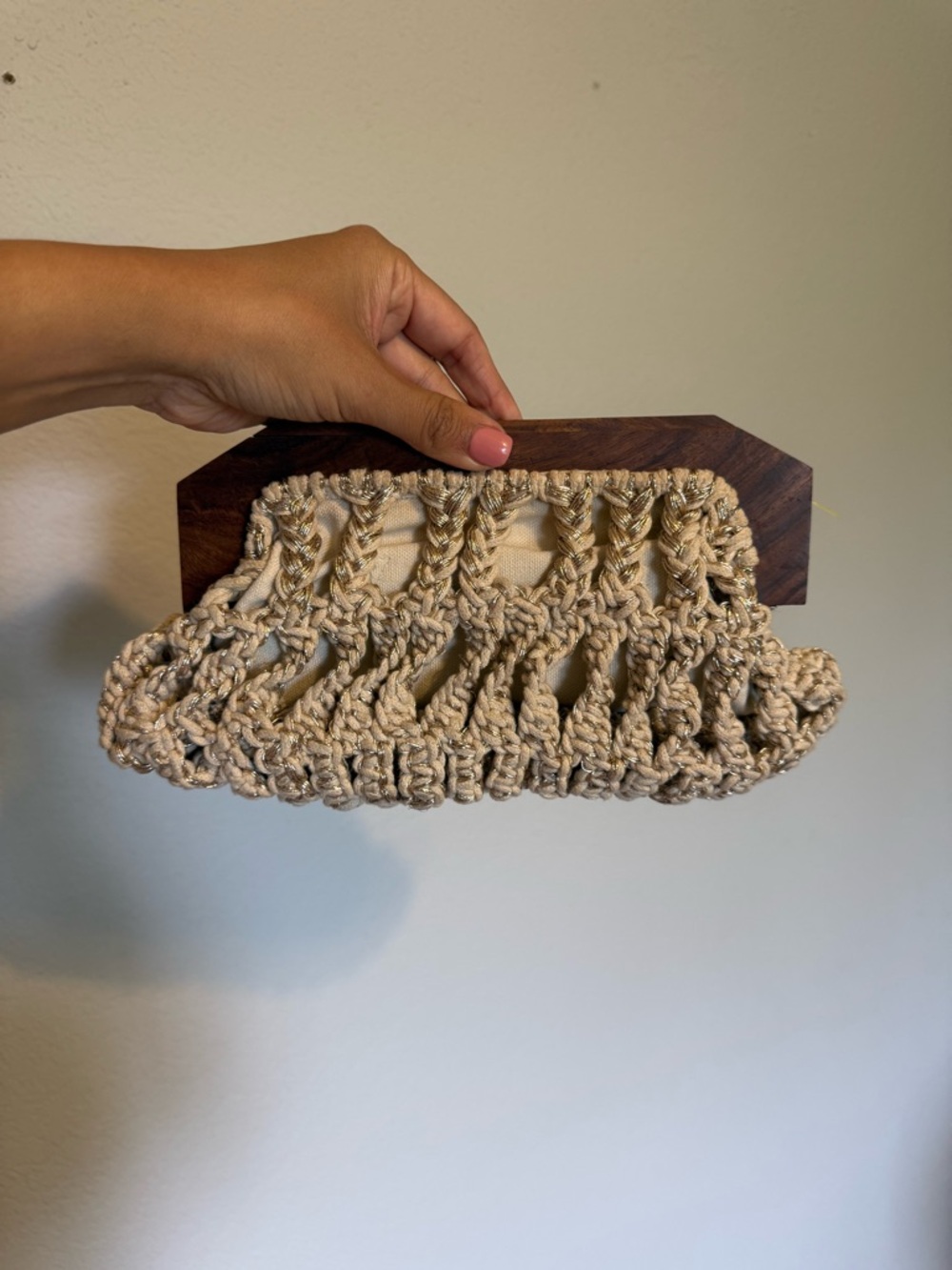Cleaobella | Boho Macramé Clutch with Wooden Handle Clutch - Cream